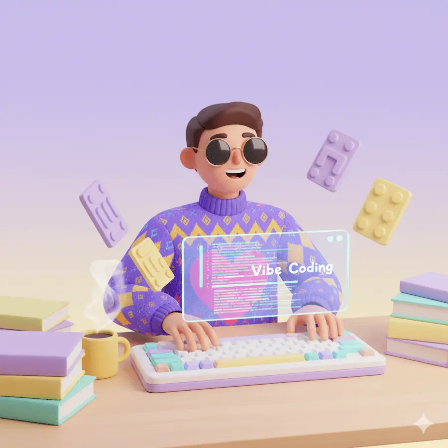 A 3D style illustration of a friendly person using an assistive keyboard on a desk doing vibe coding. The person has round sunglasses, a smirk, and wears a bright patterned sweater with a heart symbol on it. Around them are colorful books, a yellow mug with steam, and floating tactile cards or books. Use soft pastel colors like purple yellow, and purple. The background is a smooth gradient with soft lighting and minimal shadows. The style should look glossy and playful, similar to modern 3D illustration for tech or accessibility themes
