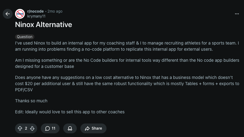 screenshot of reddit post showing user query on ninox alternative