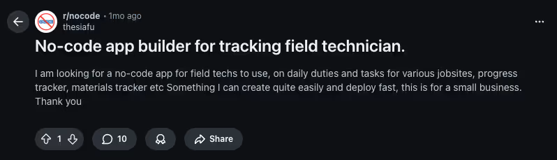reddit post omn cheap , no code field service management app  request