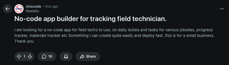 reddit post omn cheap , no code field service management app  request