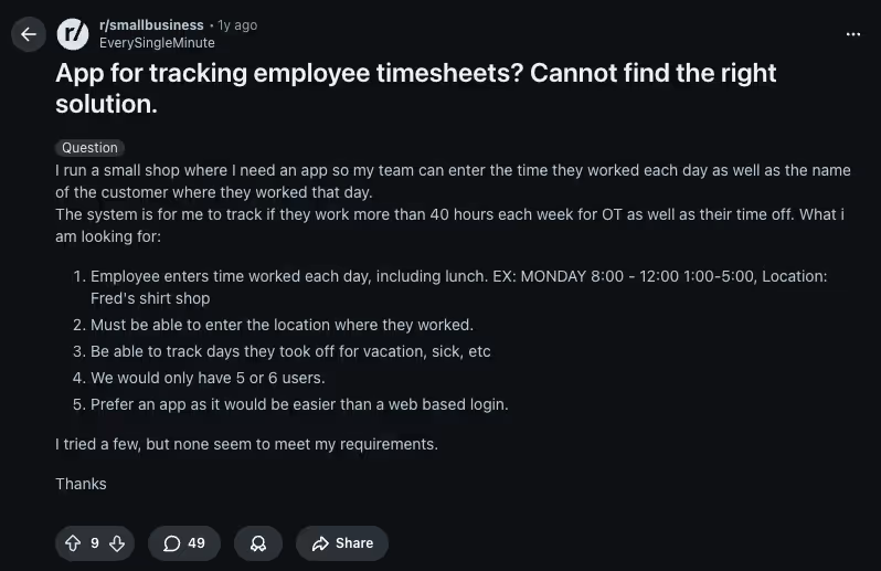reddit post screenshot where user asks 'App for tracking employee timesheets? Cannot find the right solution"query'