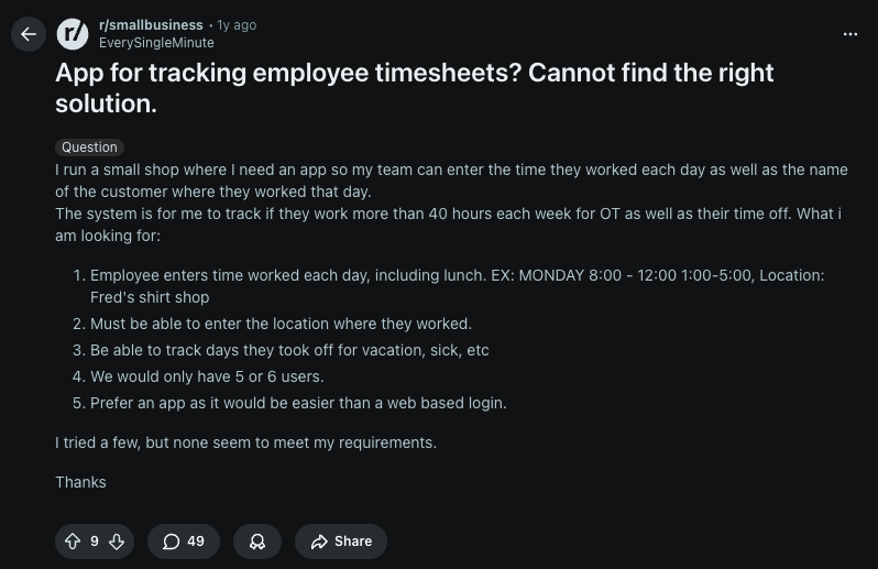 reddit post screenshot where user asks 'App for tracking employee timesheets? Cannot find the right solution"query'