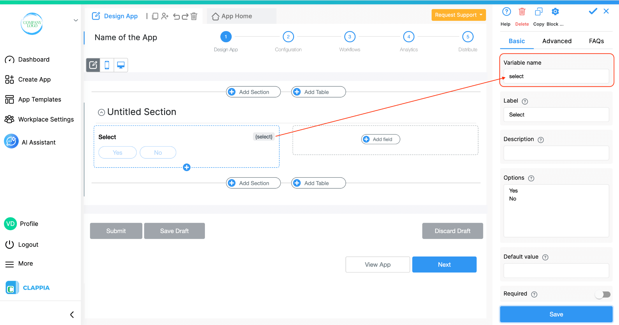 Variables in Clappia