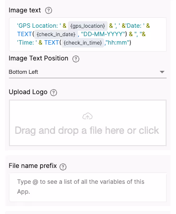 adding gps location , date, time app variable to image text