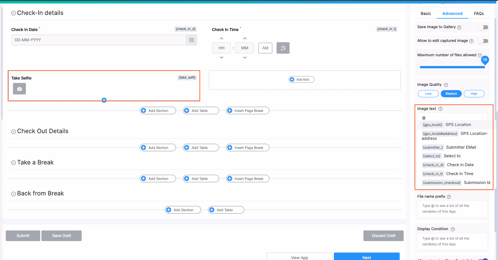 in the advance tab, adding gps, date, time fieldblock's variables