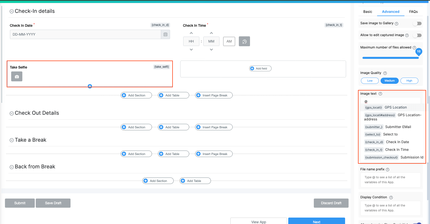 in the advance tab, adding gps, date, time fieldblock's variables