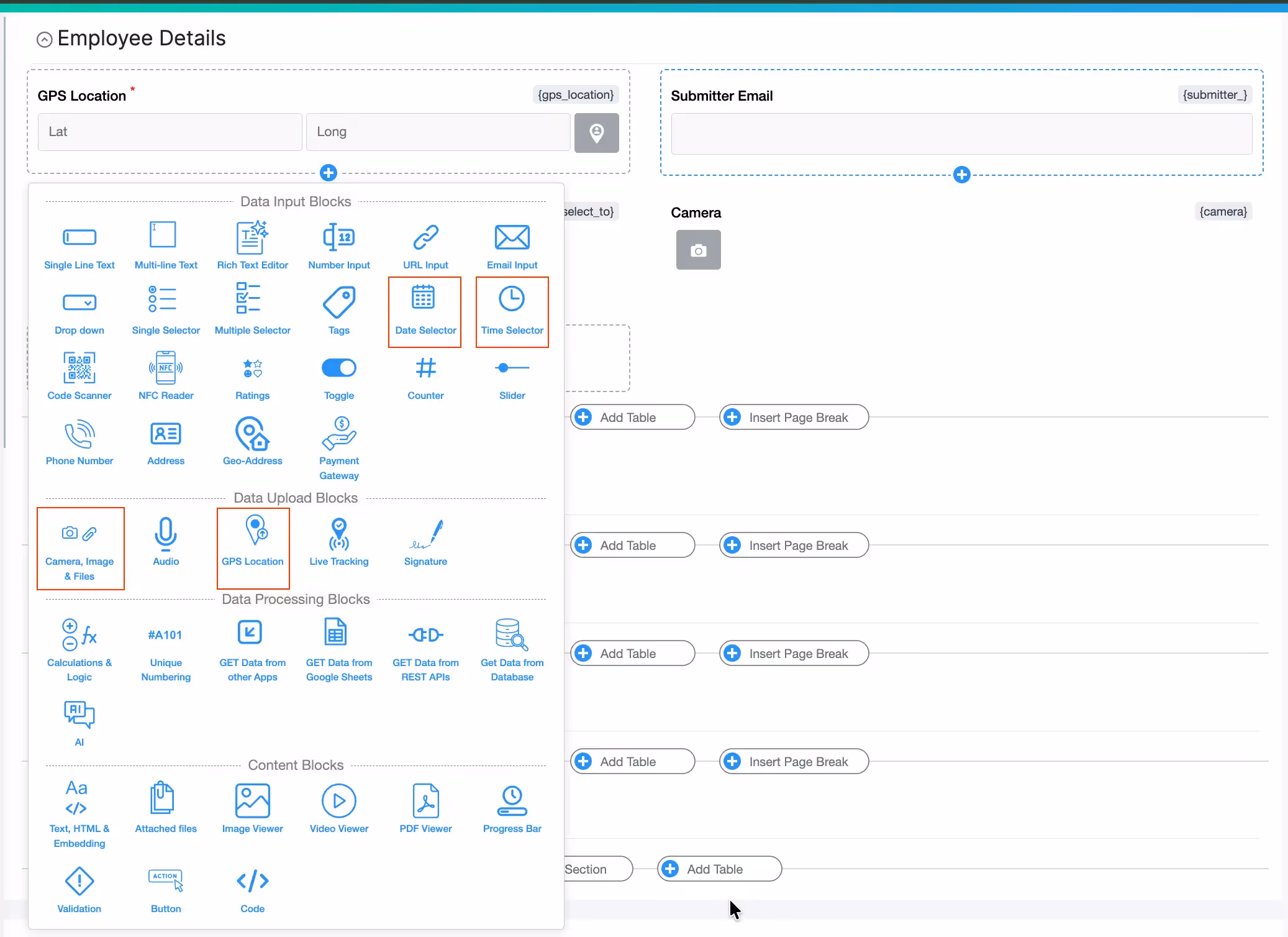 adding gps location,date, time selector ocks