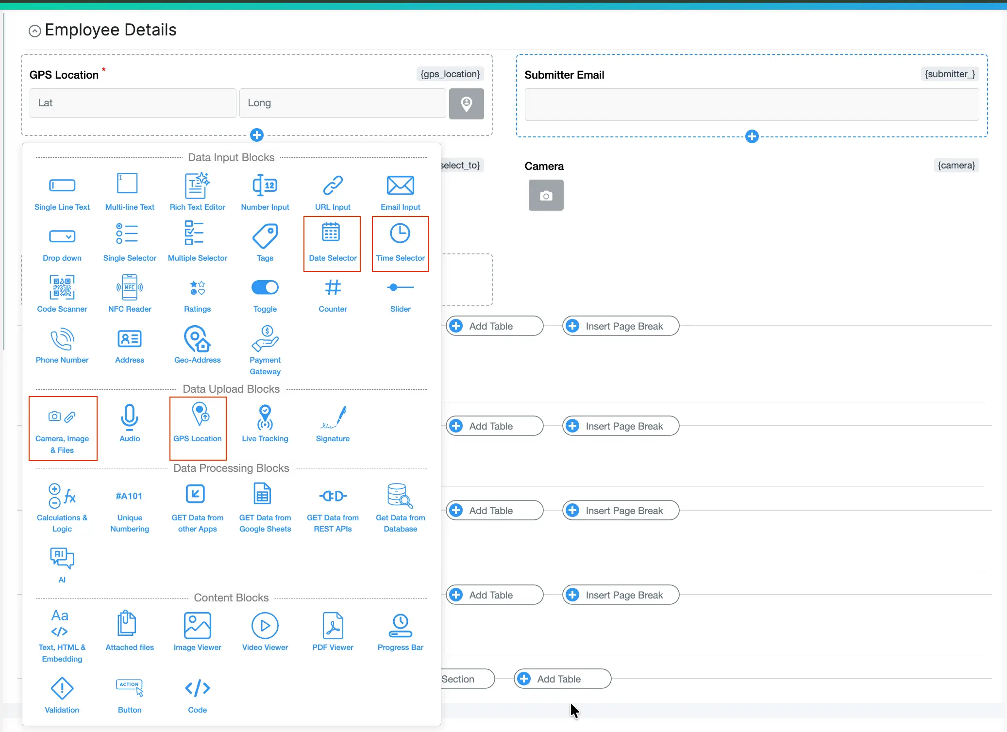 adding gps location,date, time selector ocks