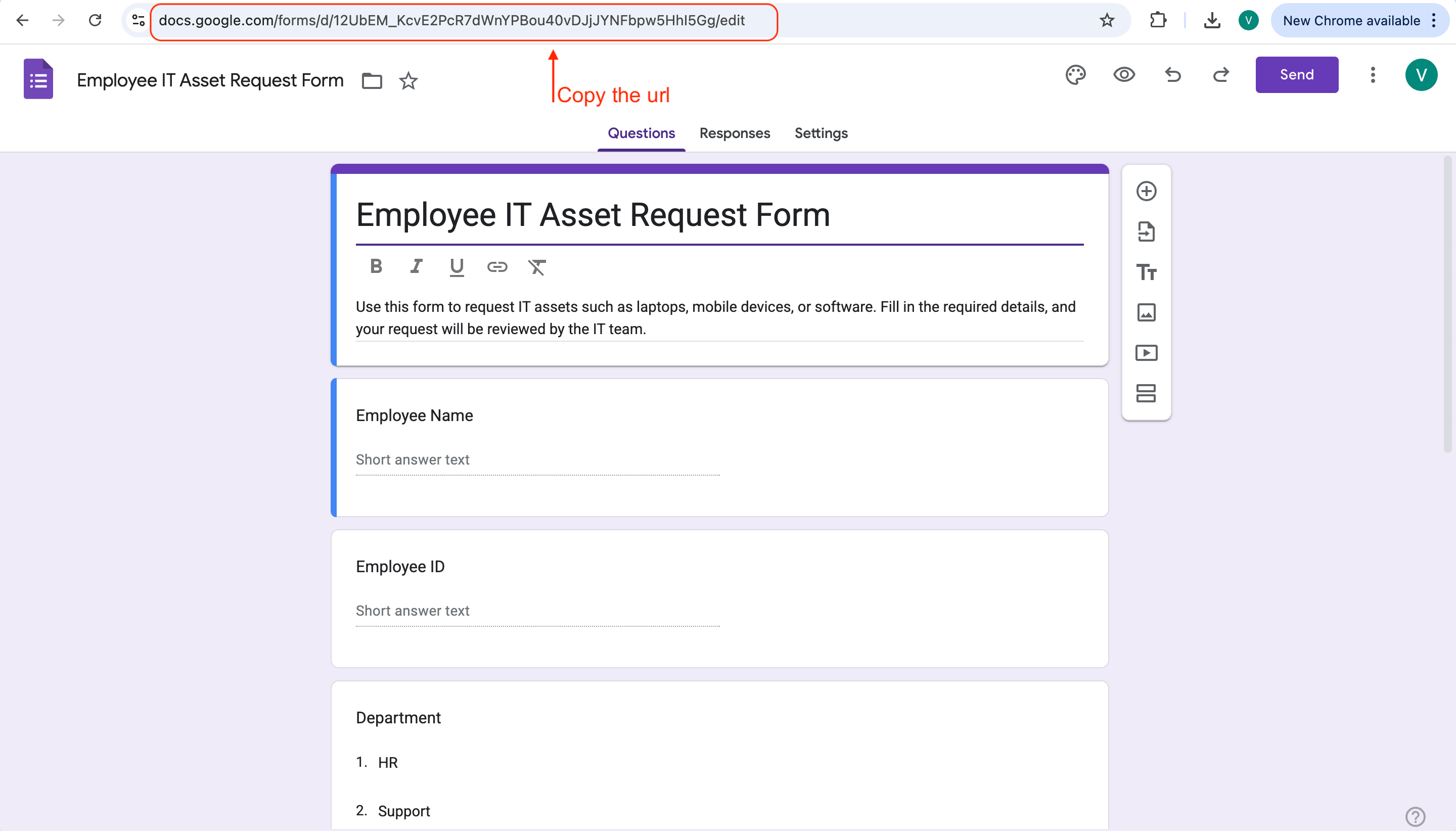Google Forms editor showing Employee IT Asset Request Form with basic fields including Employee Name, Employee ID, and Department dropdown, with URL highlighted at top for importing