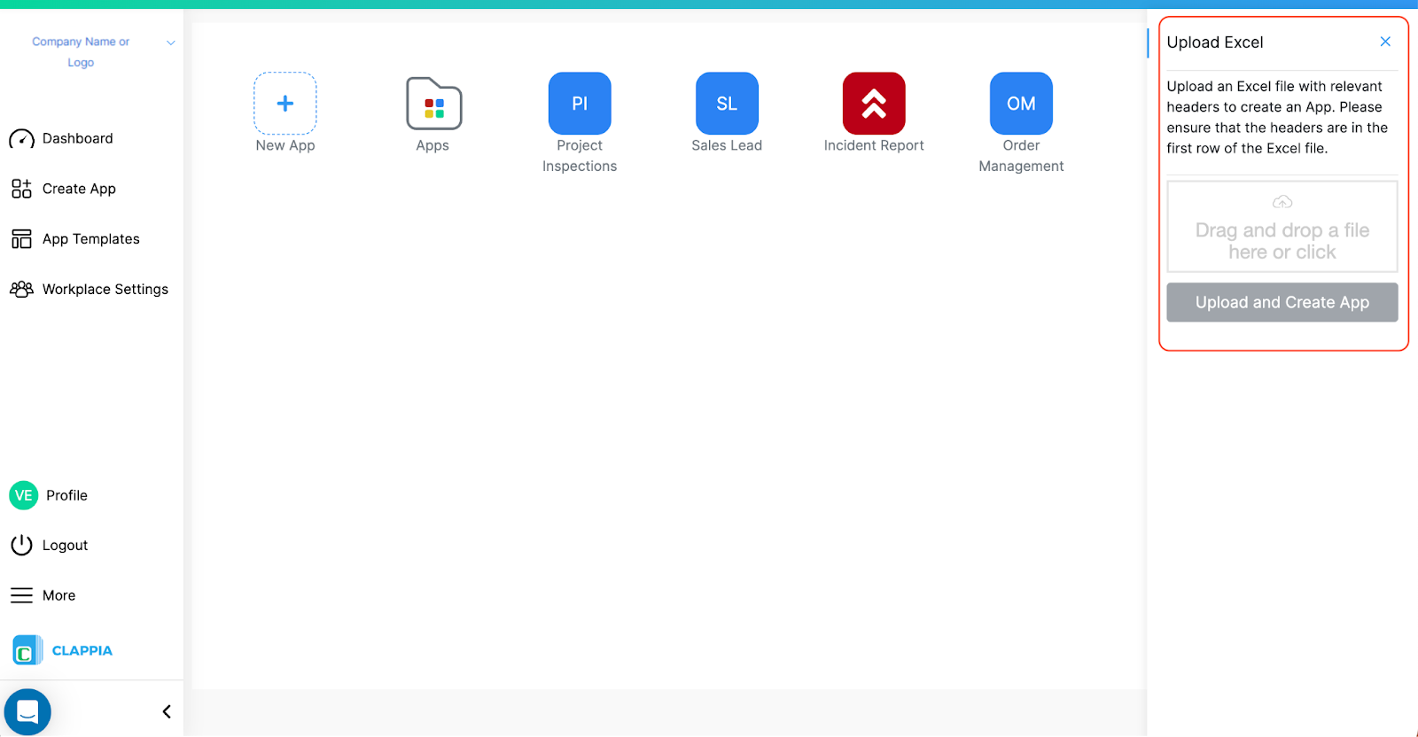 Clappia dashboard showing upload Excel dialog box for creating apps by importing spreadsheet files