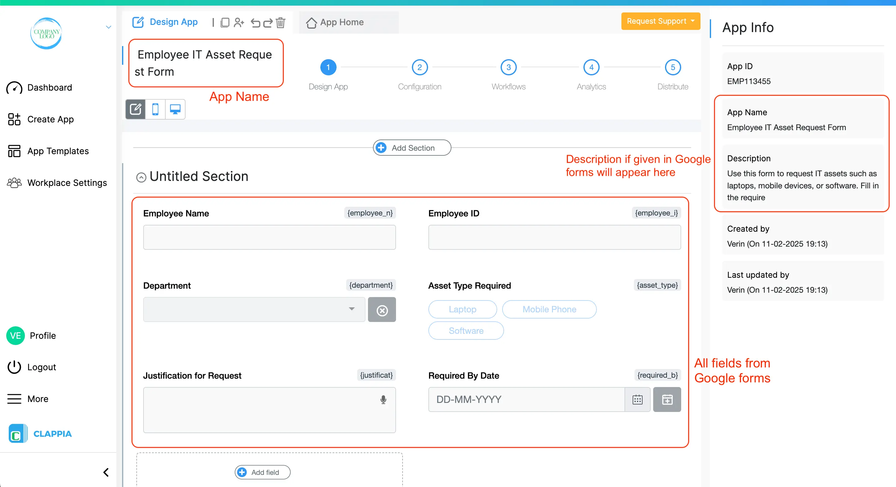 Clappia app designer interface displaying imported Employee IT Asset Request Form with all Google Forms fields converted, including Employee Name, Employee ID, Department dropdown, Asset Type selection, and date picker