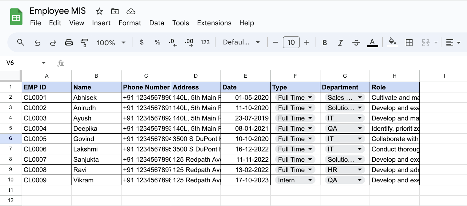 Employee data spreadsheet showing columns for EMP ID, Name, Phone Number, Address, Date, Type, Department and Role with sample employee records