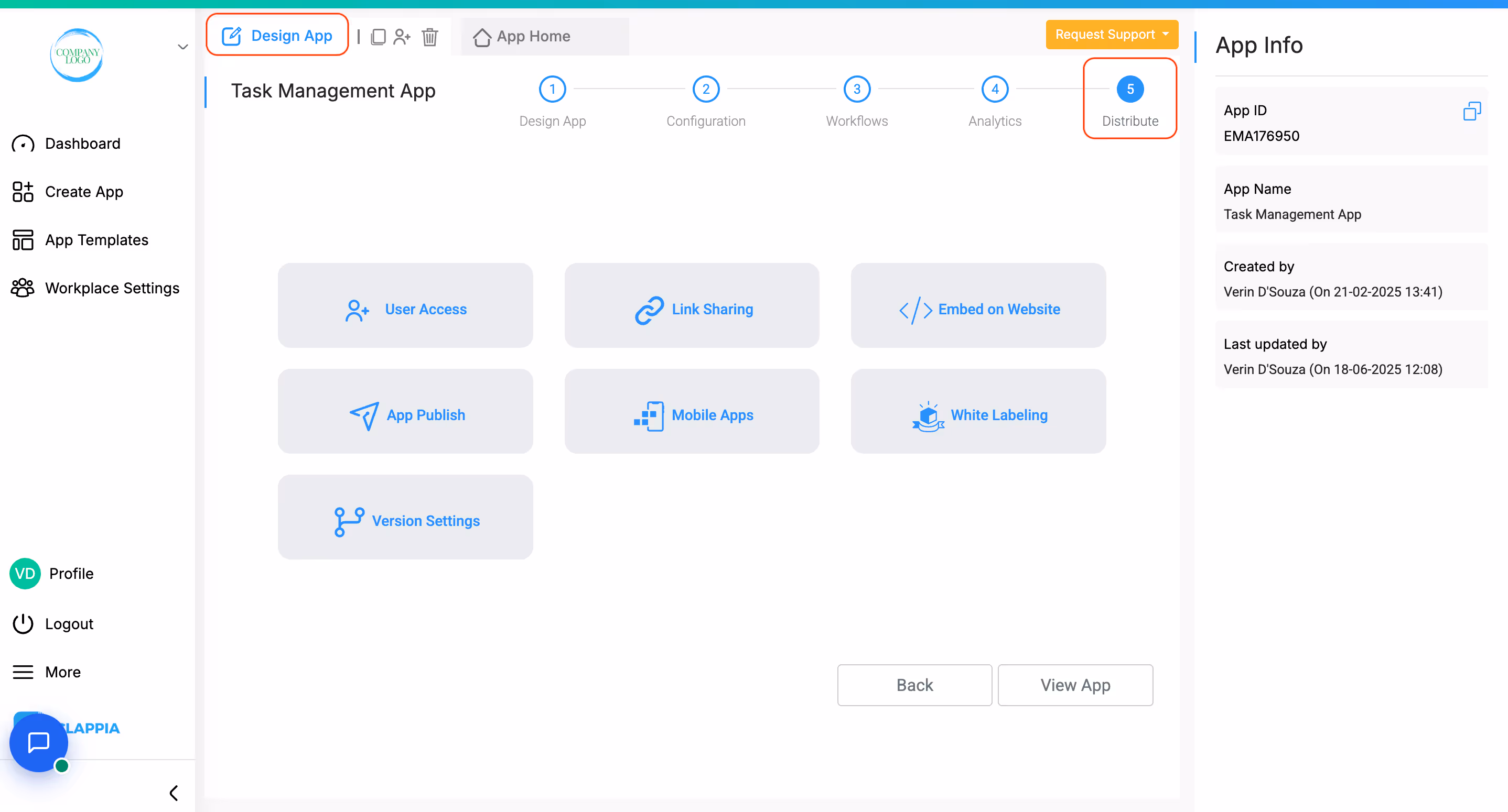  Clappia app distribution options including user access, link sharing, website embedding, mobile apps and white labeling features