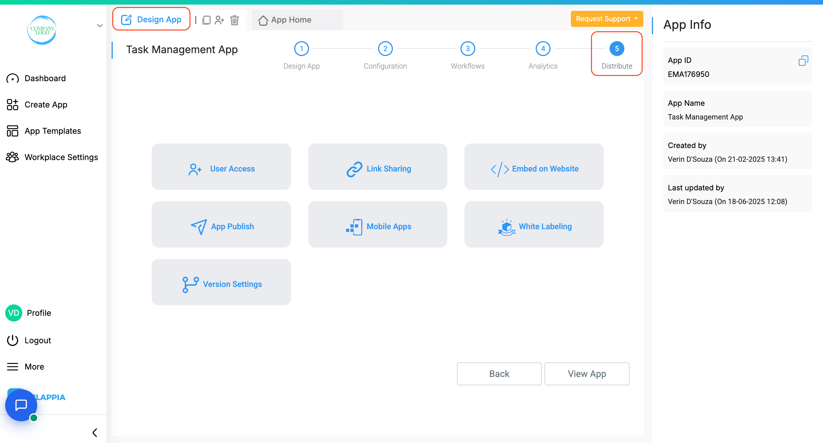 Clappia app distribution options including user access, link sharing, website embedding, mobile apps and white labeling features