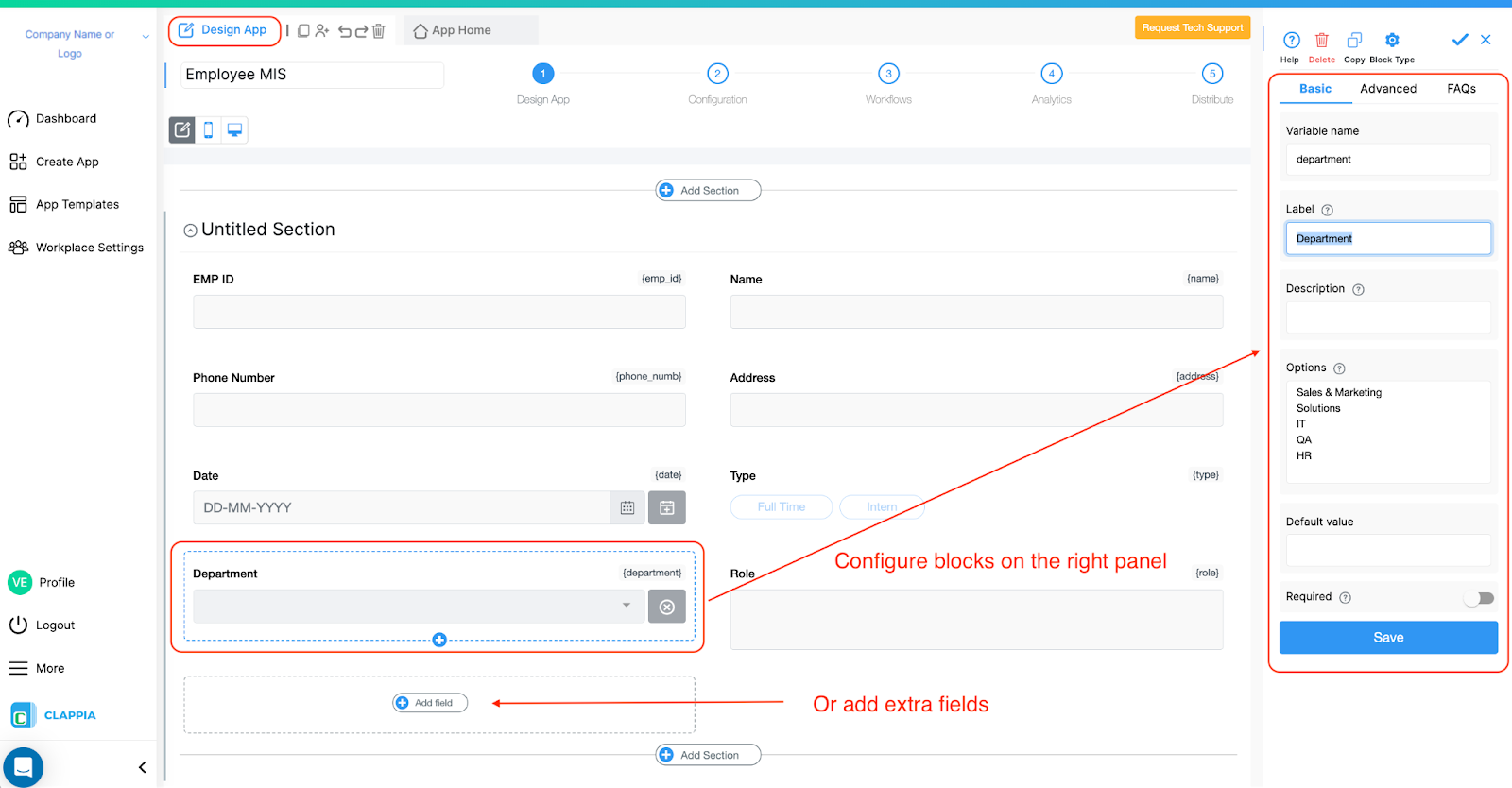 Clappia app designer showing form fields with dropdown, date selector, and configuration panel for customizing field properties