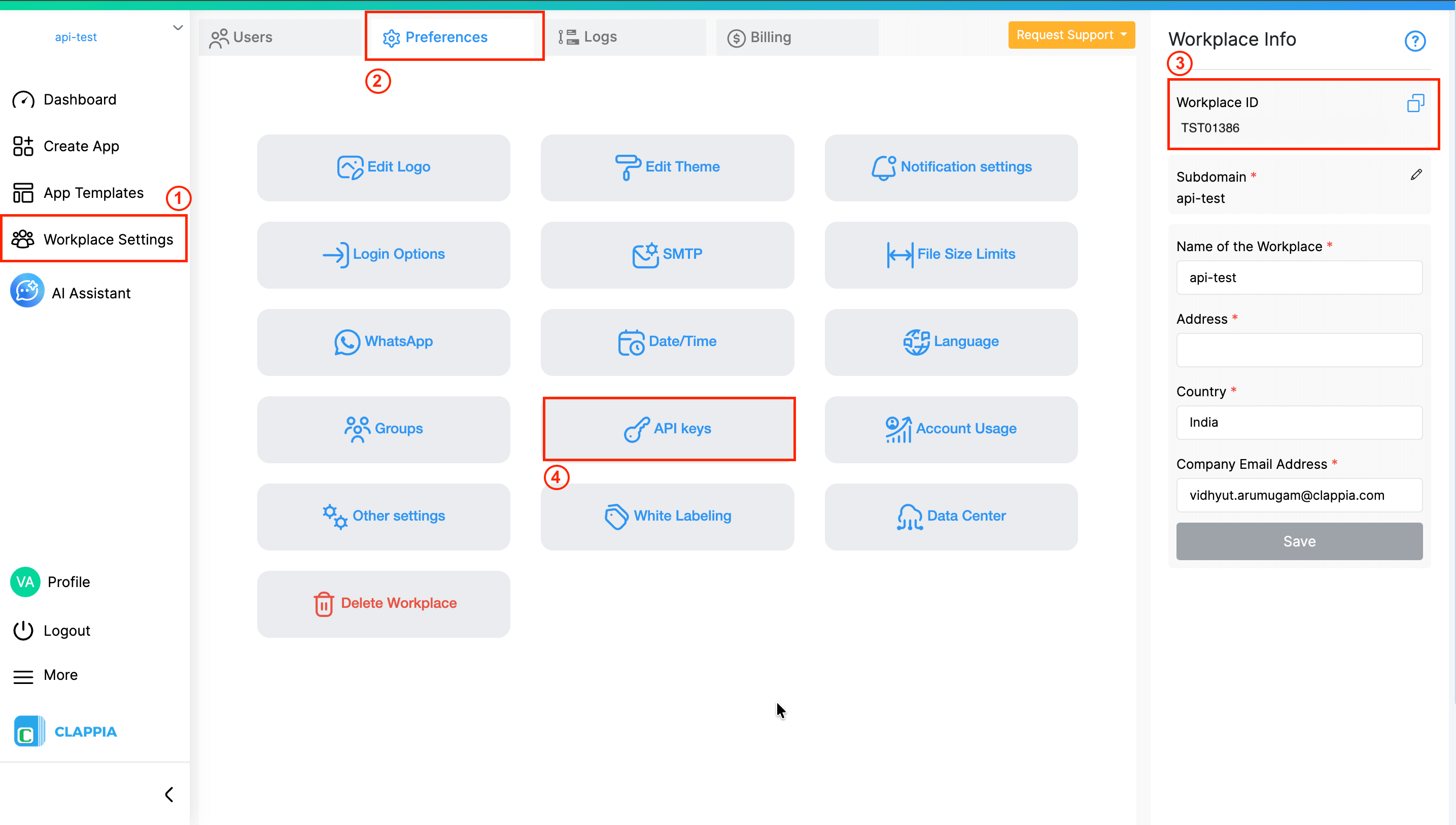 clappia workplace id and api key