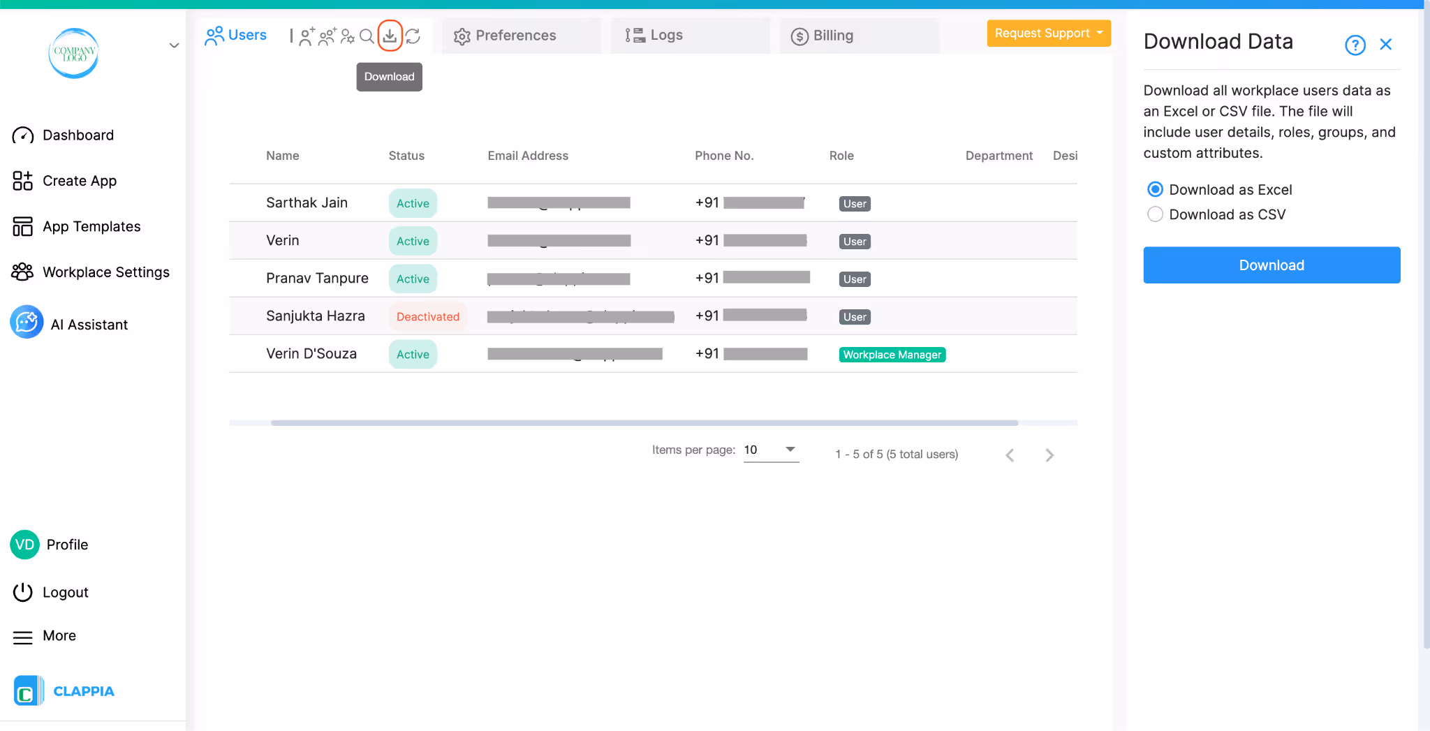 Download users from workplace