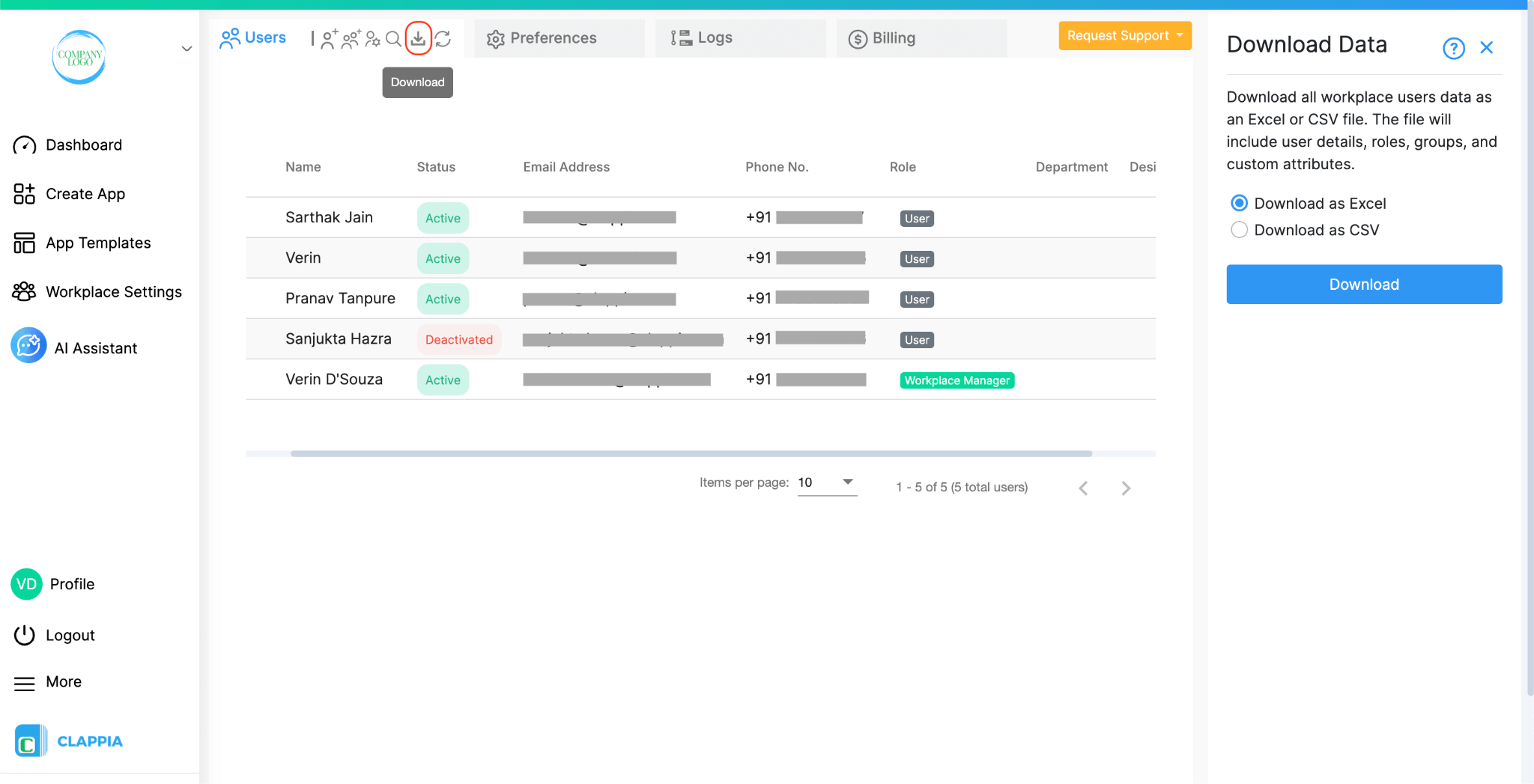 Download users from workplace