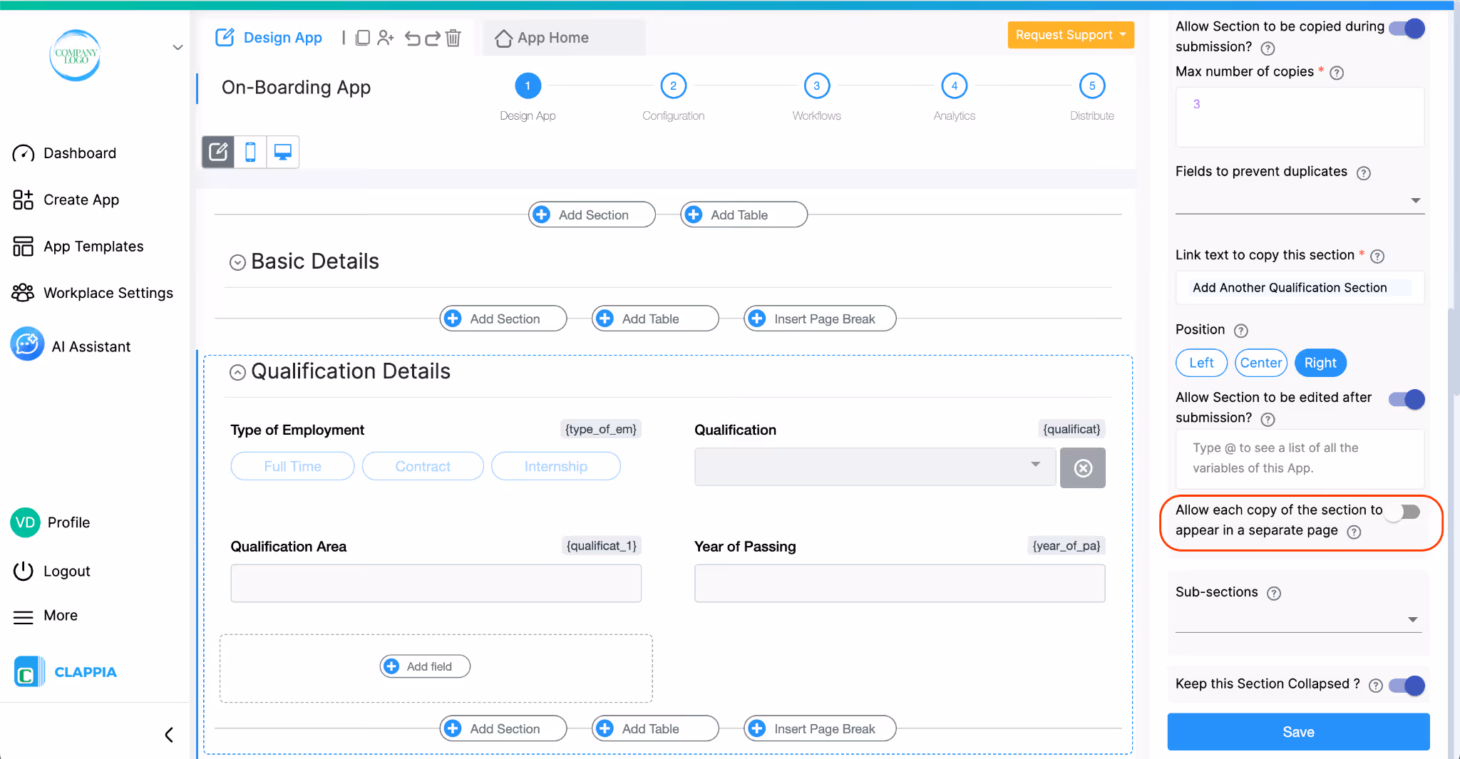 Allow each copy of the section to appear in a separate page