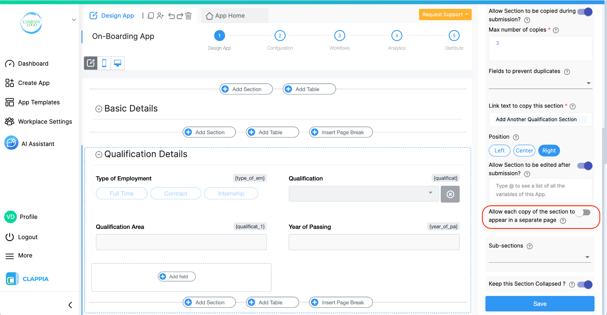 Allow each copy of the section to appear in a separate page