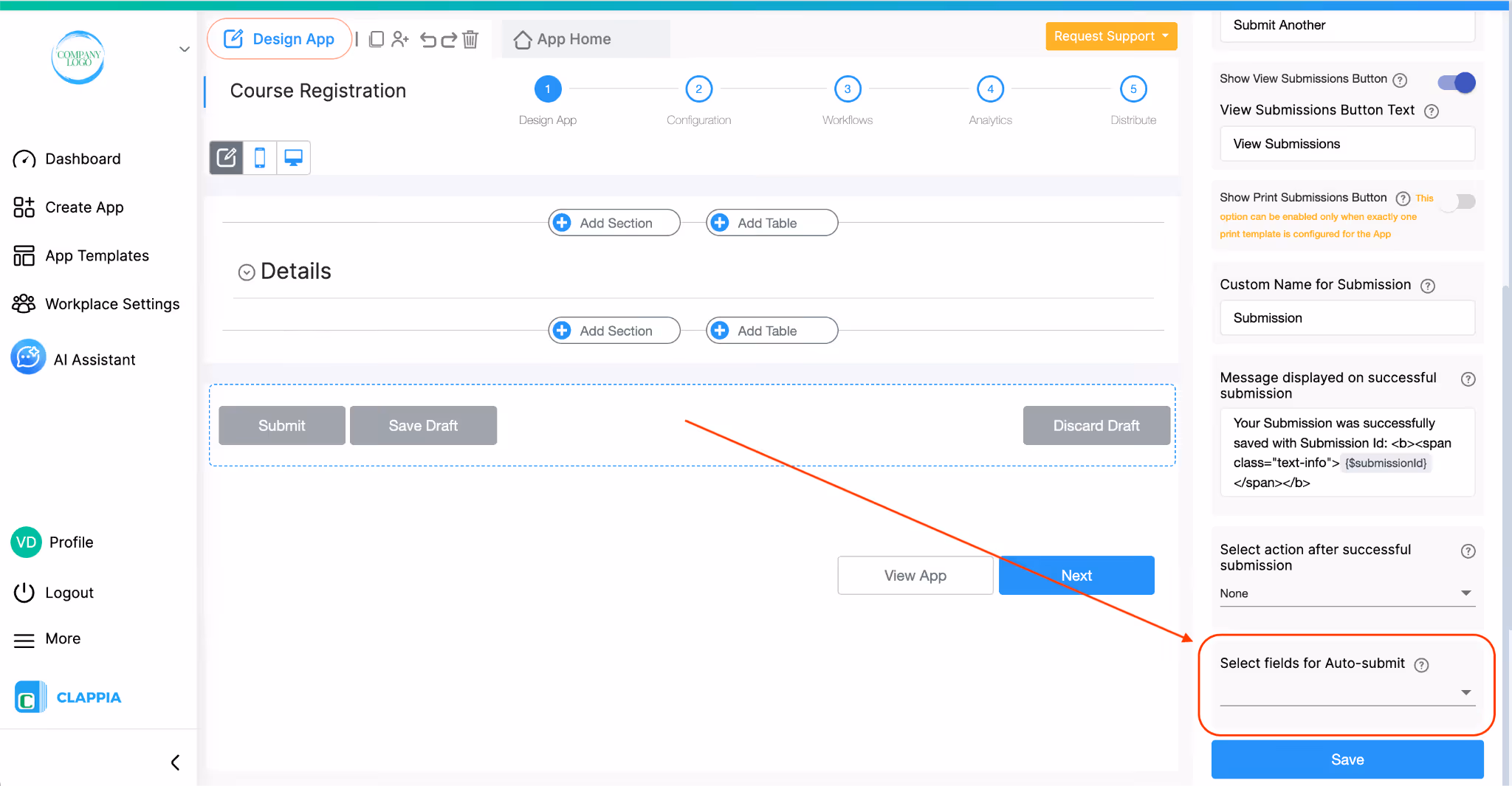Open Submit button section in Design to set up auto submit after using Payment Gateway