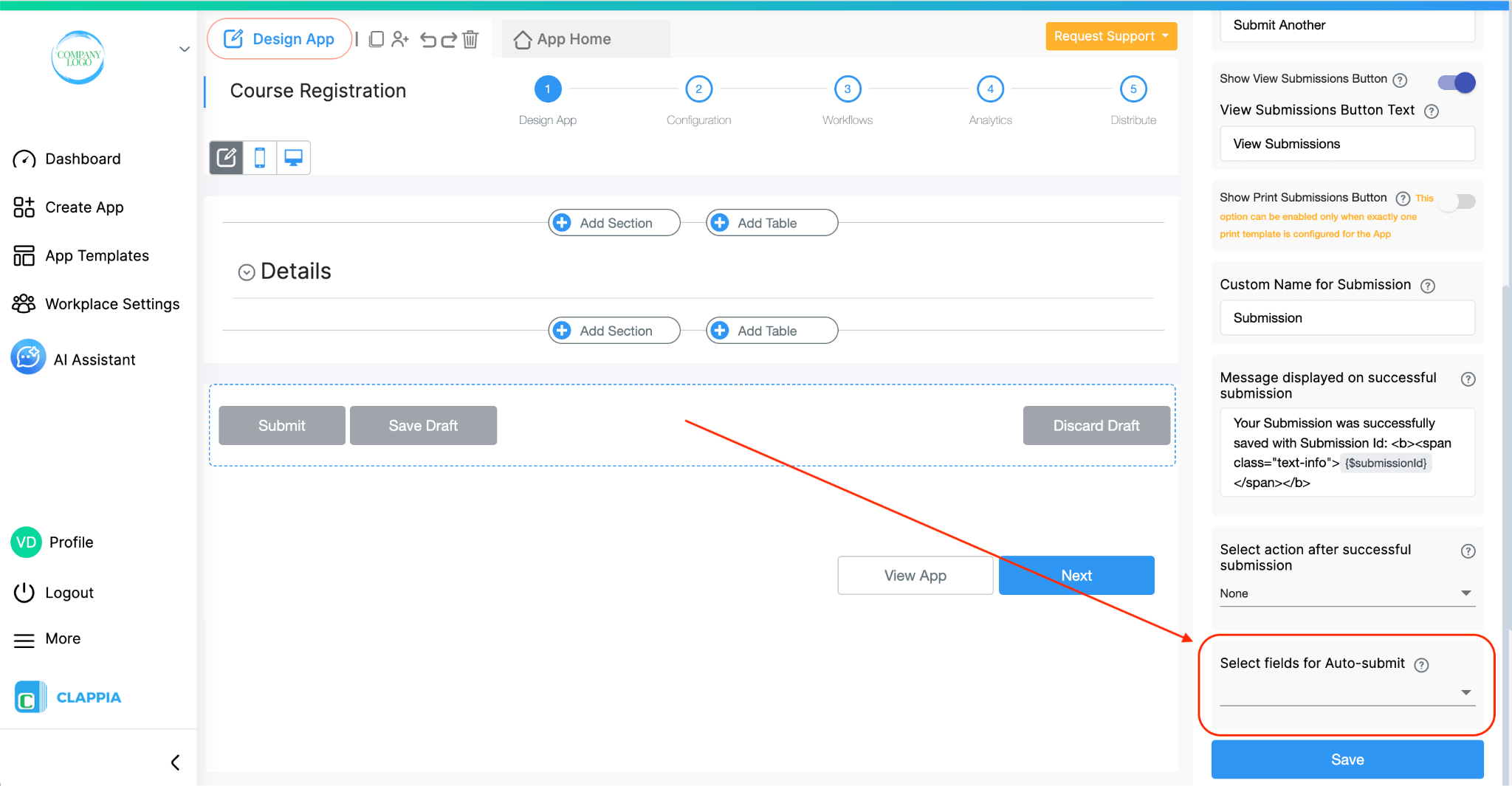 Open Submit button section in Design to set up auto submit after using Payment Gateway