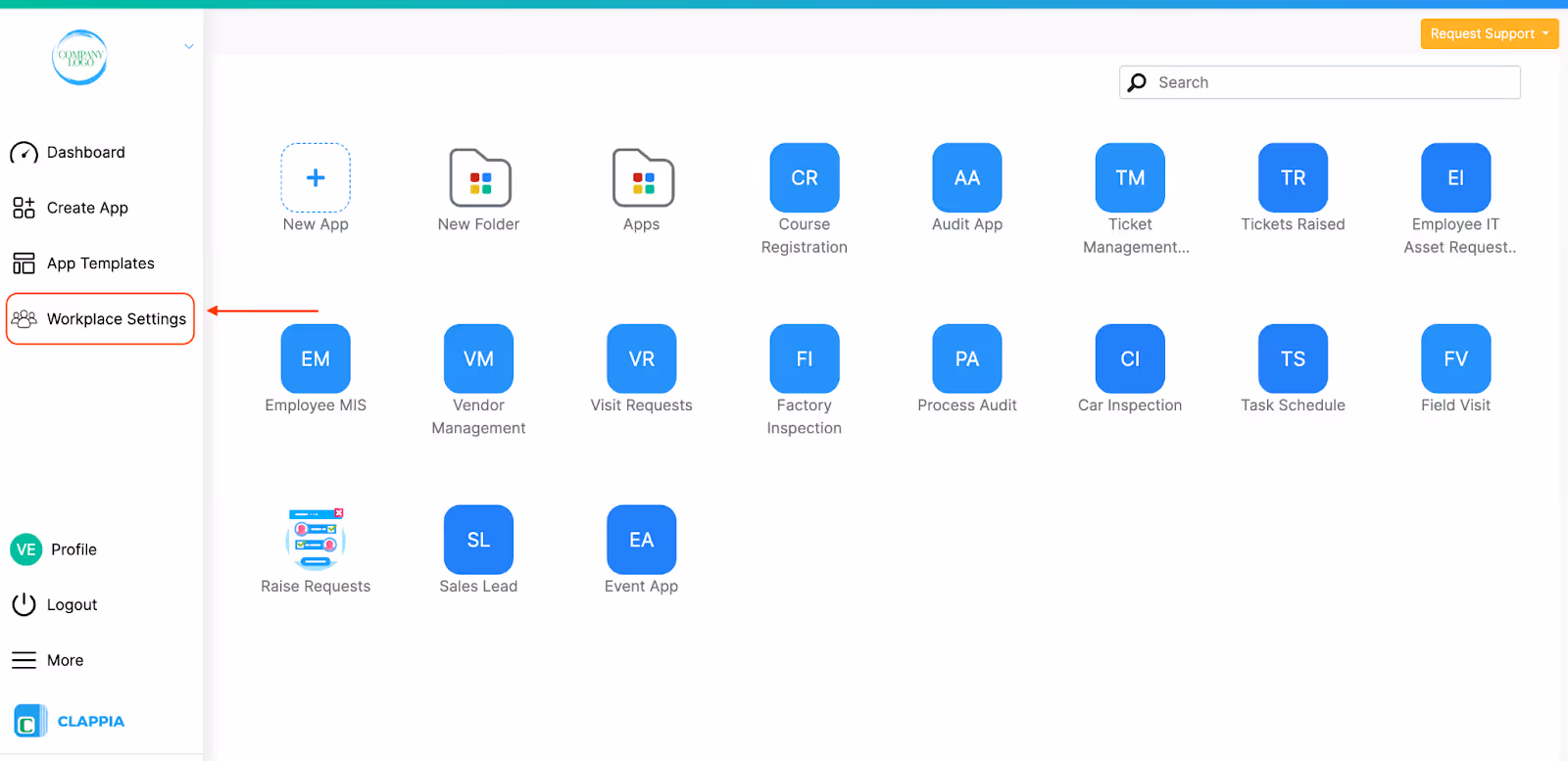 Workplace settings option in dashboard