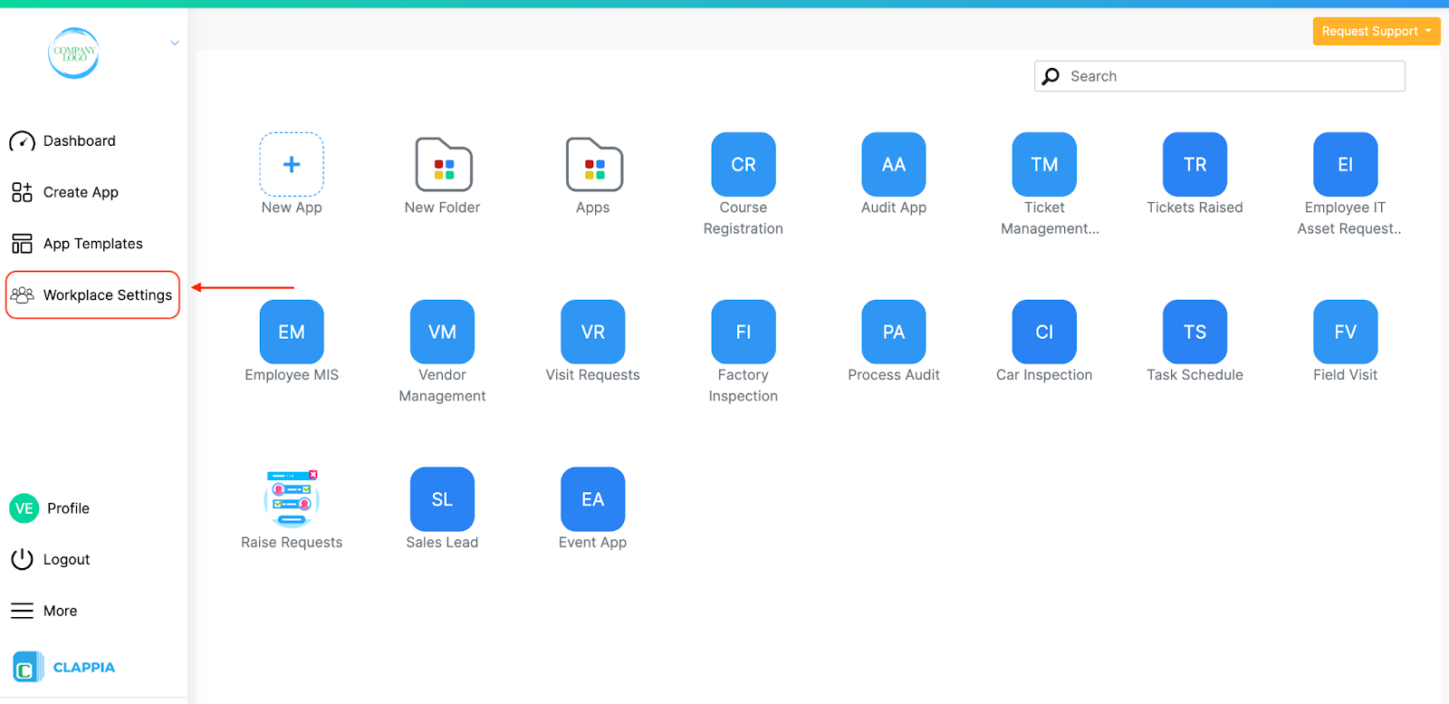 Workplace settings option in dashboard