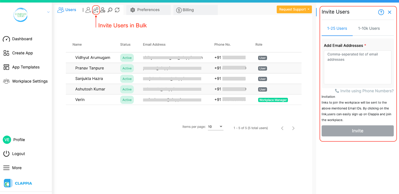 Bulk upload users in workplace