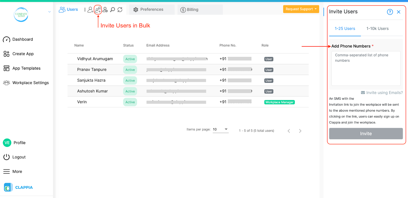 Bulk upload users via pone numbers