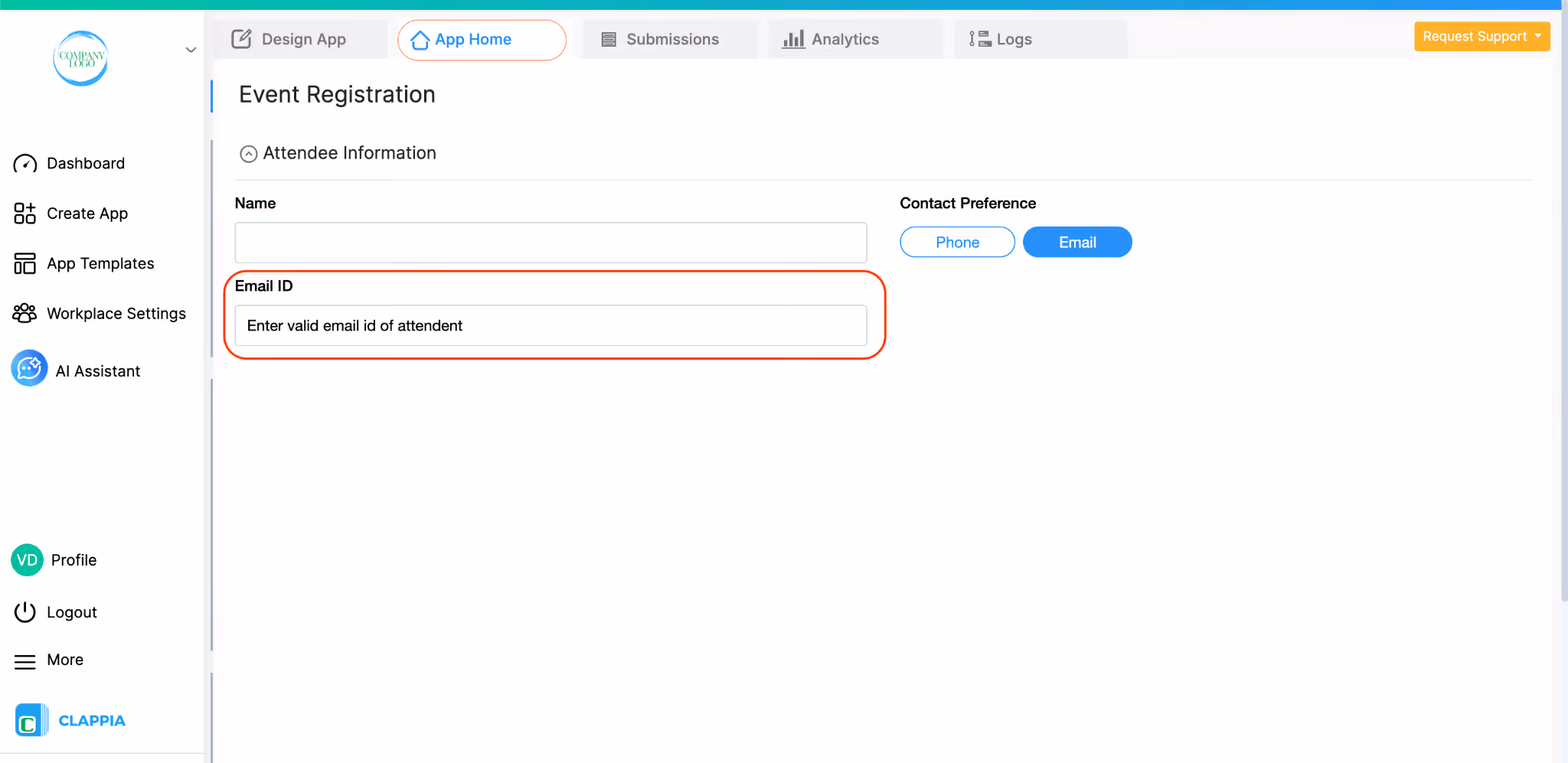 Dynamic value in Email input field in App Home as per condition applied