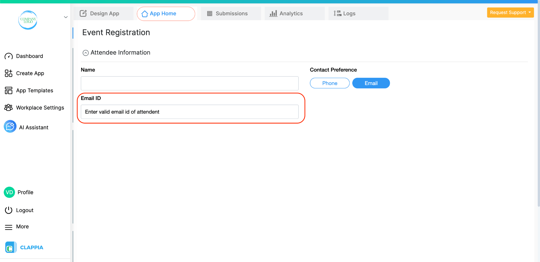 Dynamic value in Email input field in App Home as per condition applied