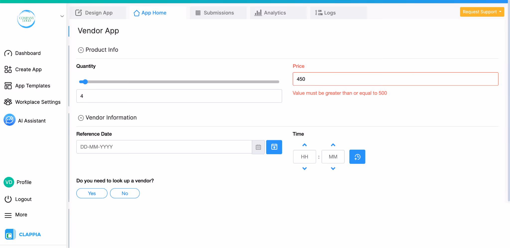 Number input showing the condition applied for minimum value in App Home