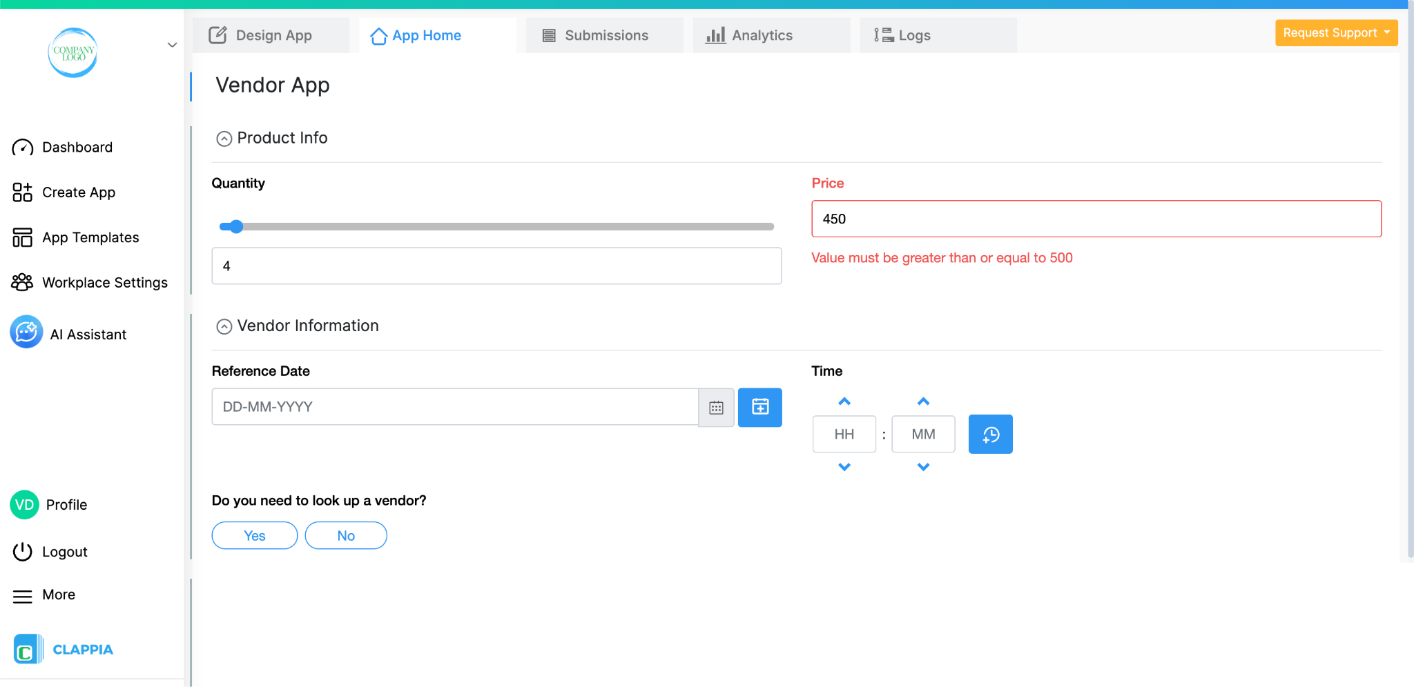 Number input showing the condition applied for minimum value in App Home