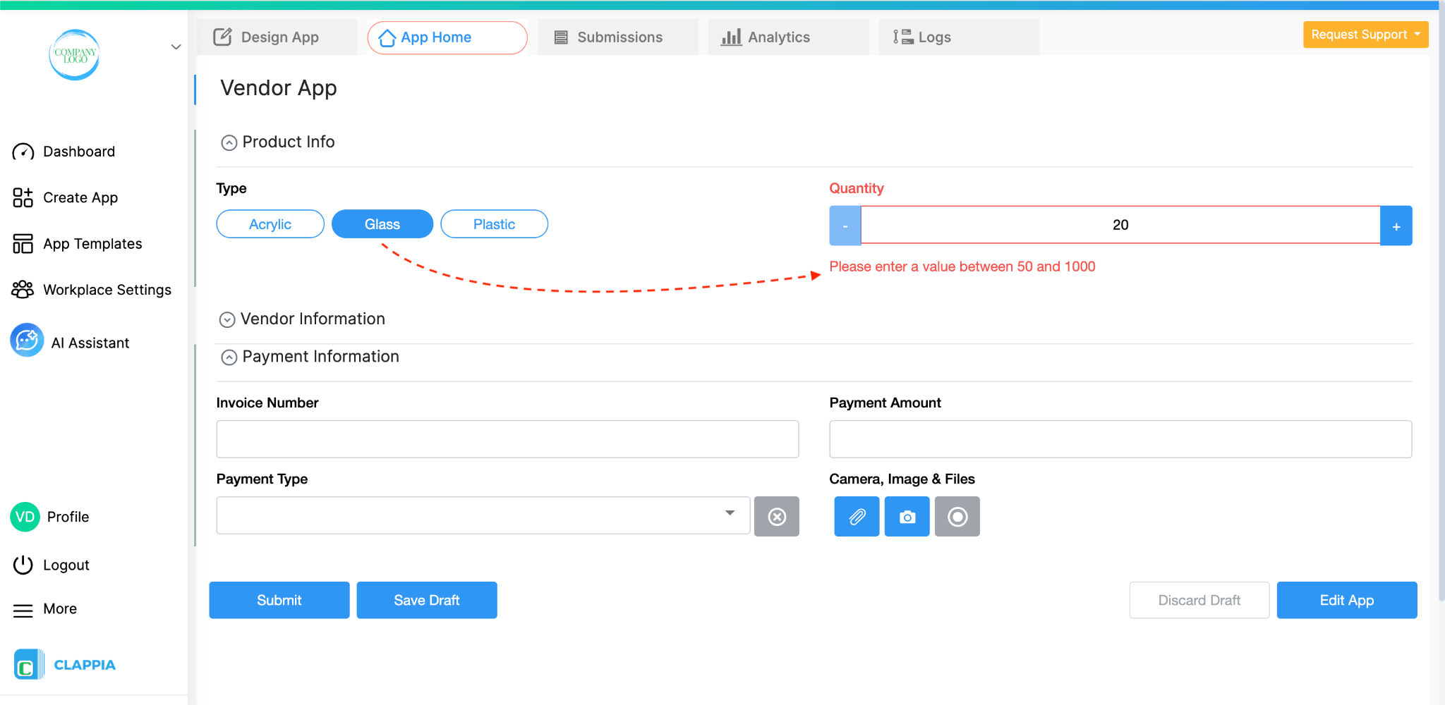 App Home showing min value as per condition set