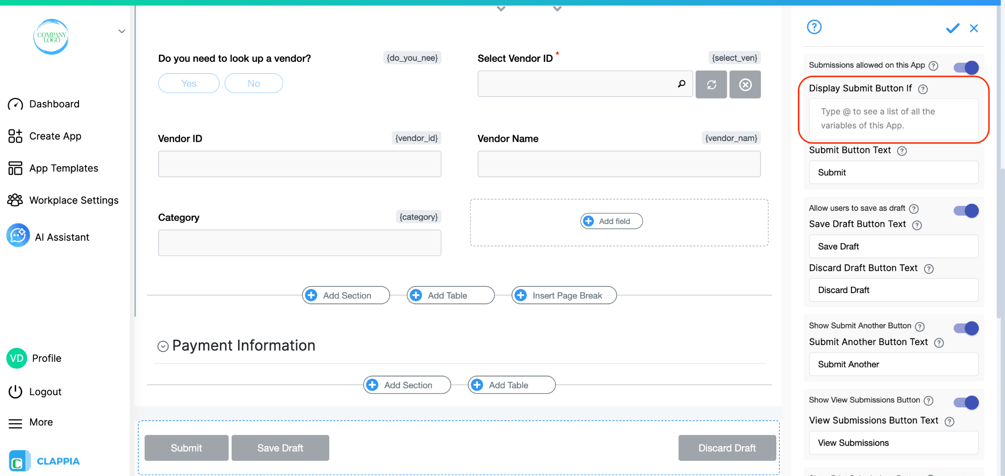 'Display submit button if' option on right panel