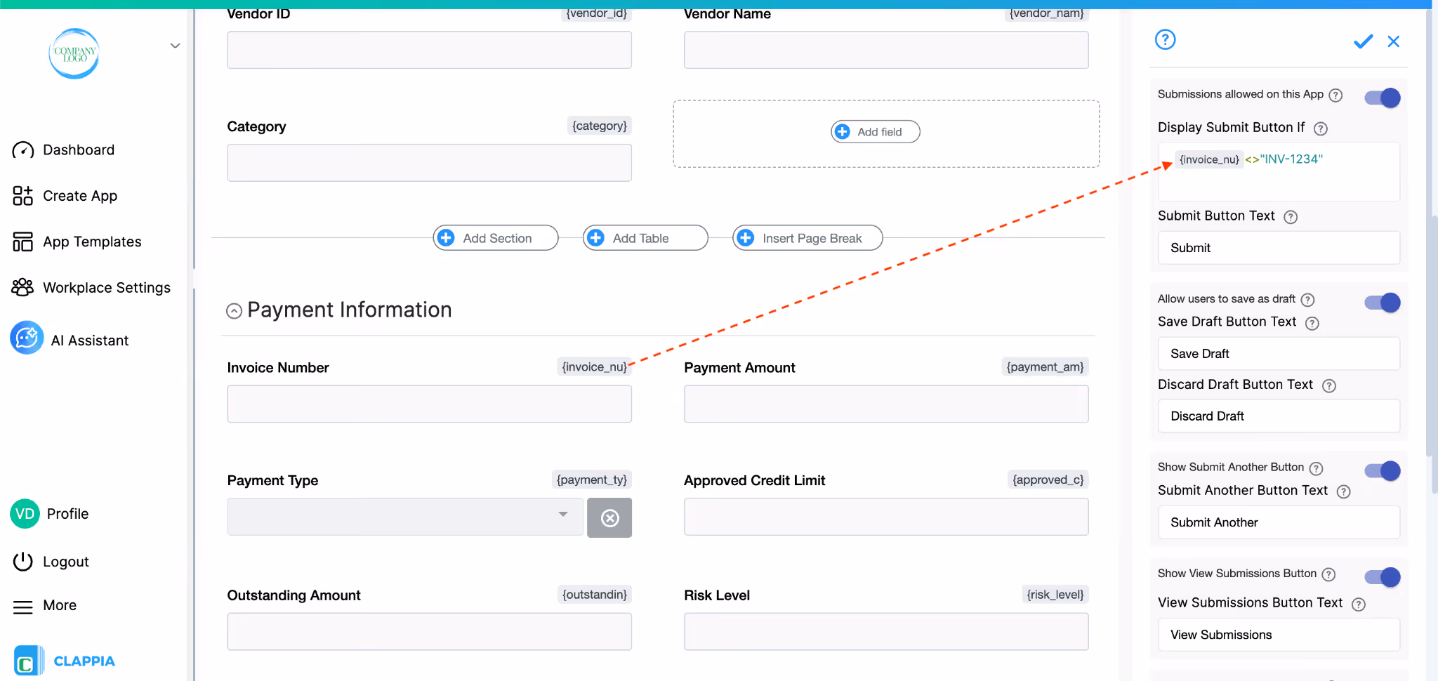 Setting conditions for displaying submit button