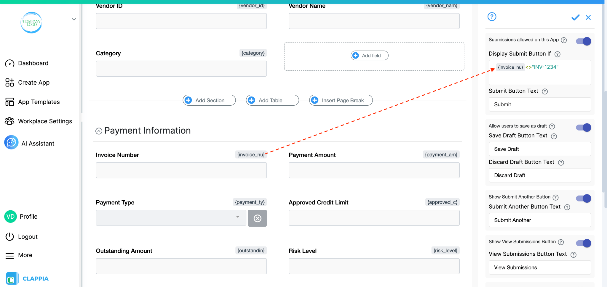 Setting conditions for displaying submit button