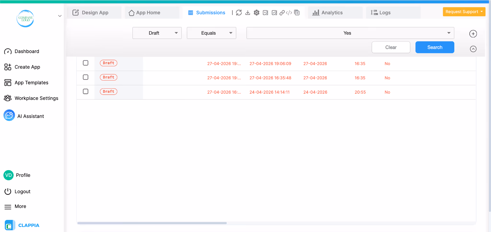 Filtering drafts in the Submissions tab