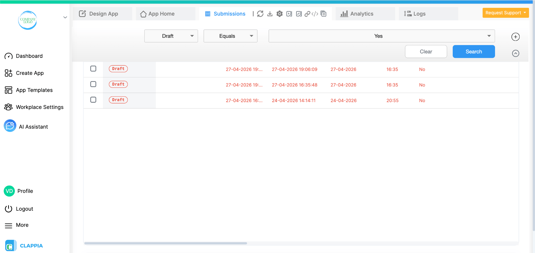Filtering drafts in the Submissions tab