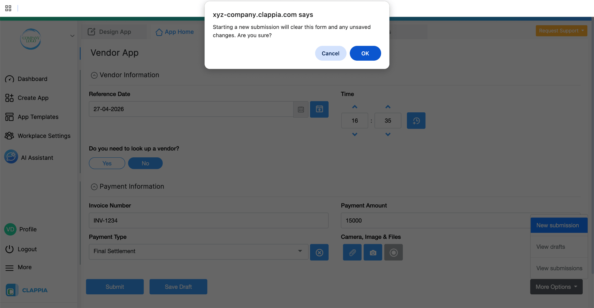Clearing form to start a new draft