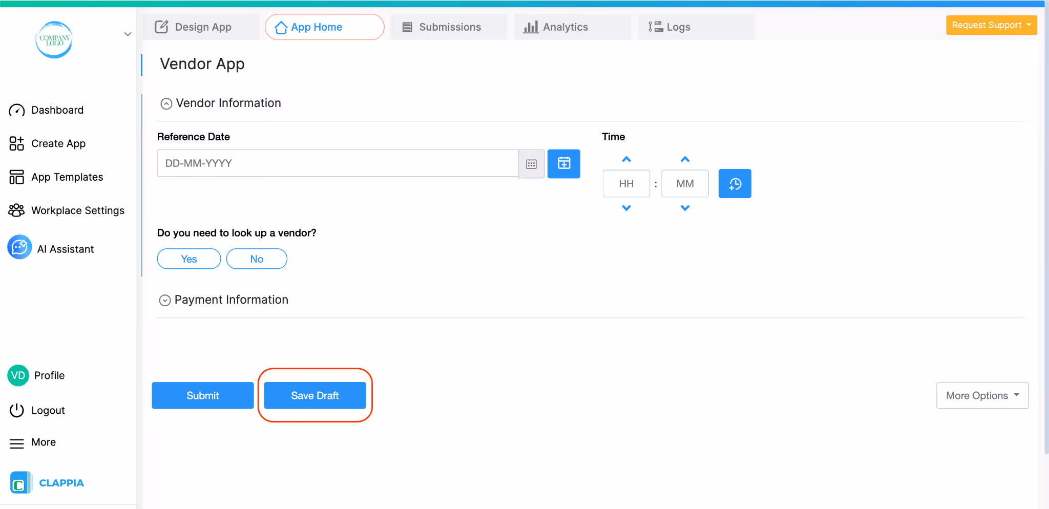Save Draft option in App Home