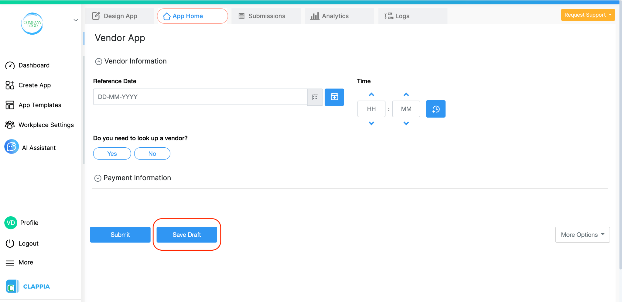 Save Draft option in App Home
