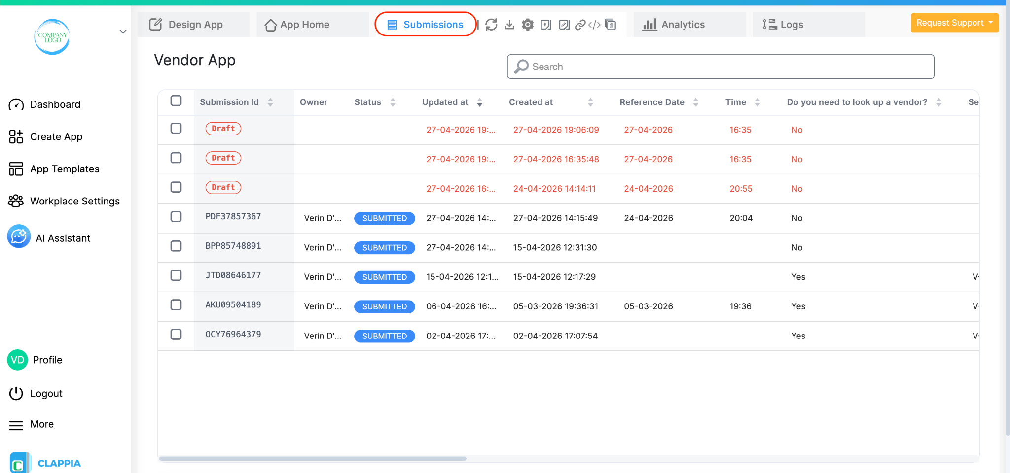 Submissions tab showing submissions and drafts