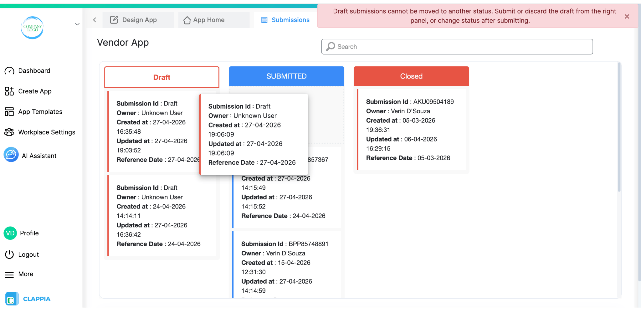 Error message when trying to move a draft to another status