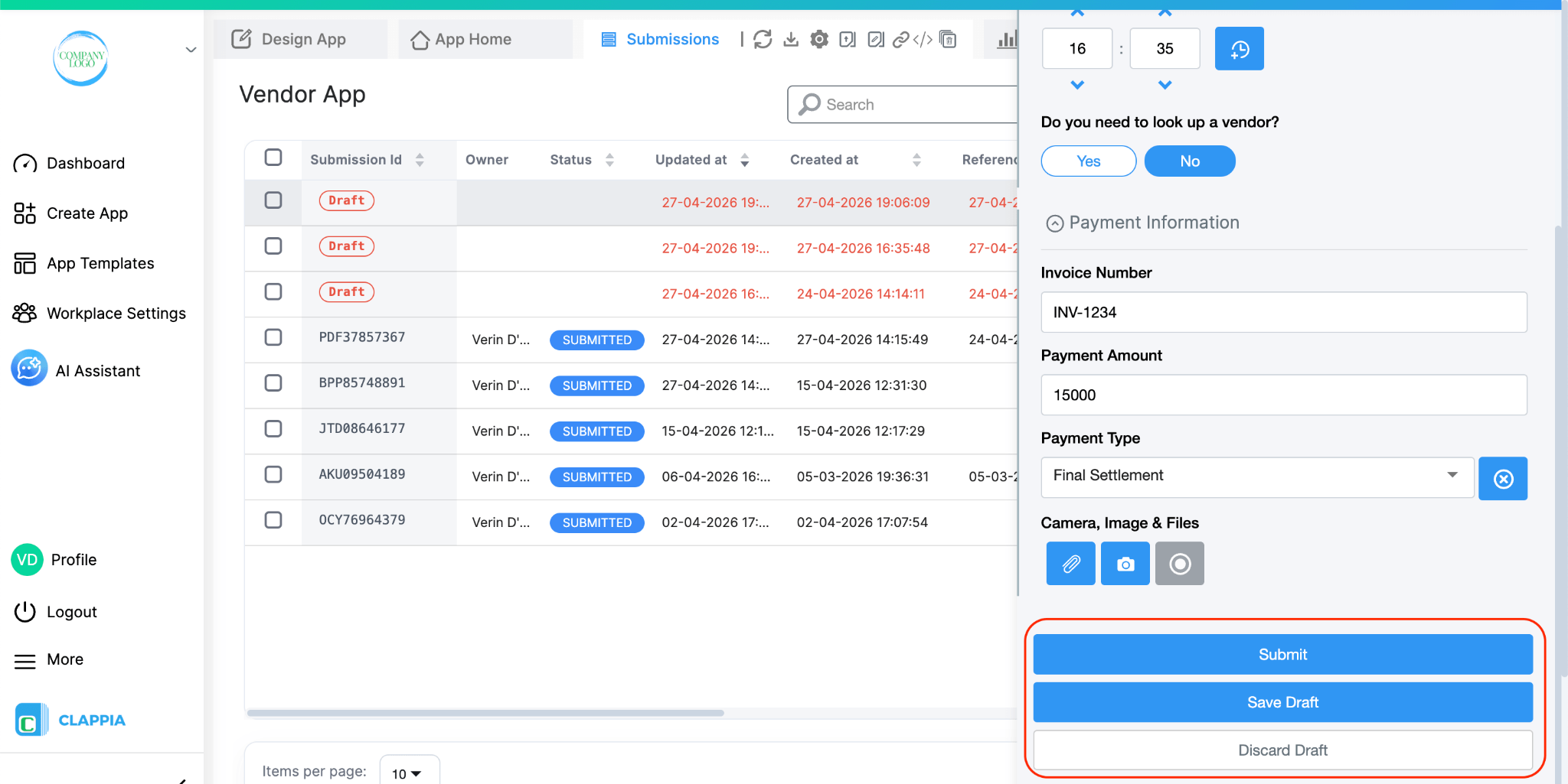 Editing the draft in Submissions tab