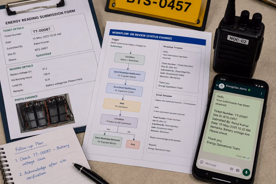 Auto Ticket Number Assignment and Submission-Triggered WhatsApp and Email Alerts in Clappia