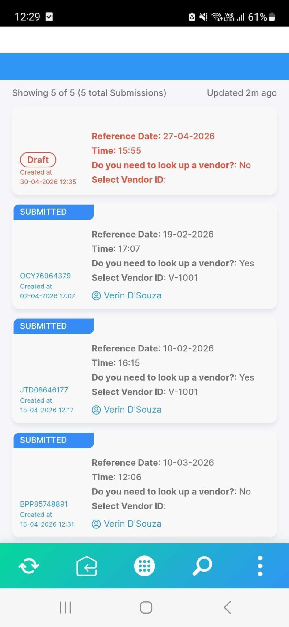 Clappia Mobile app showing saved draft in submissions tab