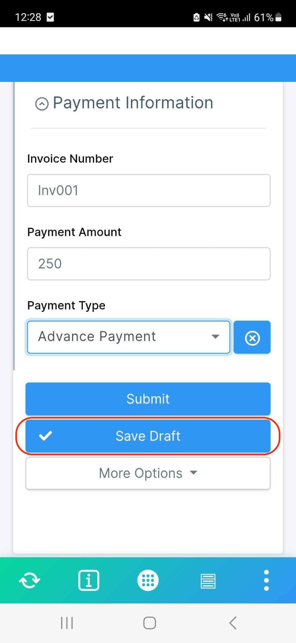 Clappia Mobile app showing save draft button