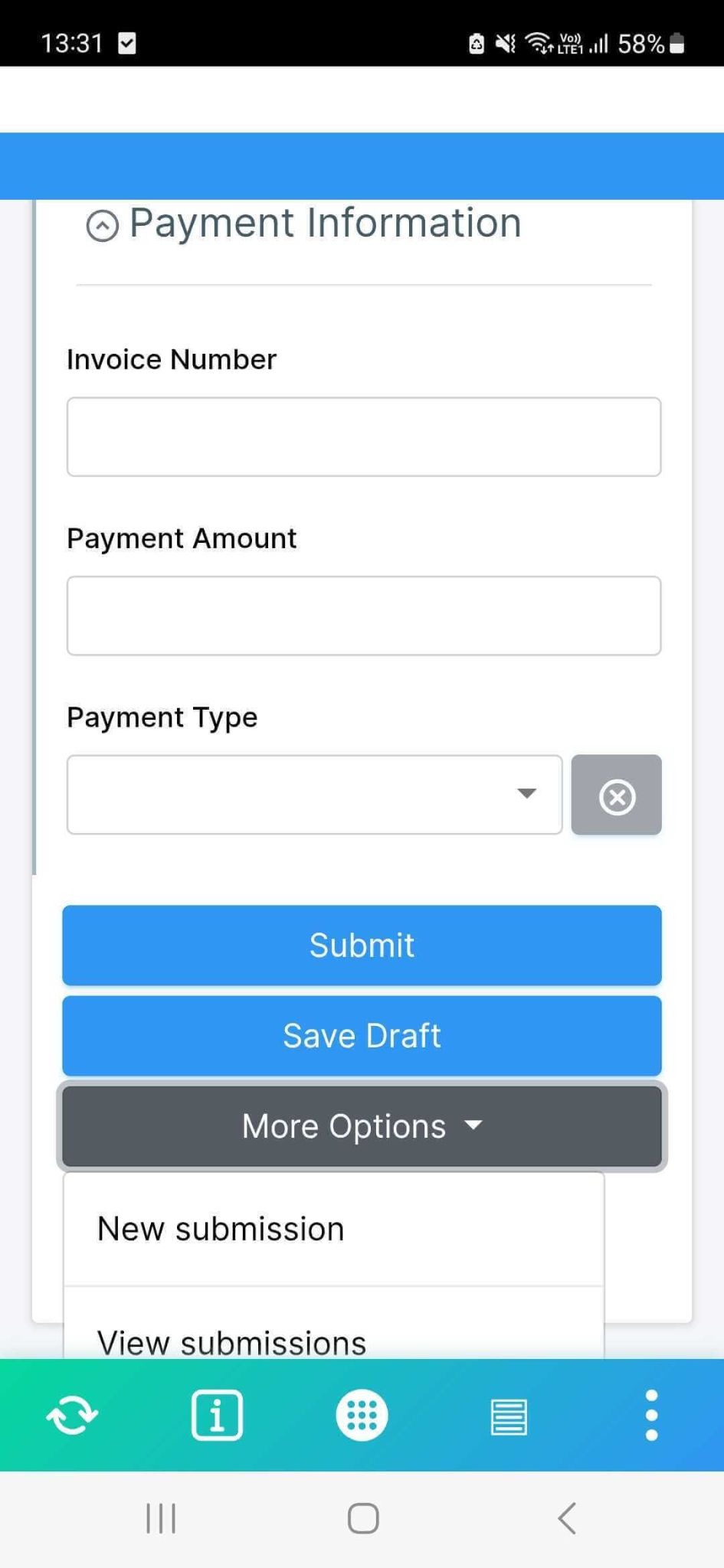 Clappia Mobile app showing More options